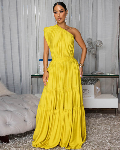 Belkys Chartreuse Single Shoulder Tiered Maxi Dress