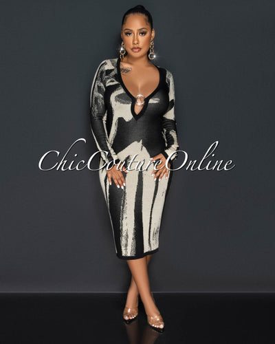 Lieve Nude Black Print Deep V "O" Ring Knit Midi Dress