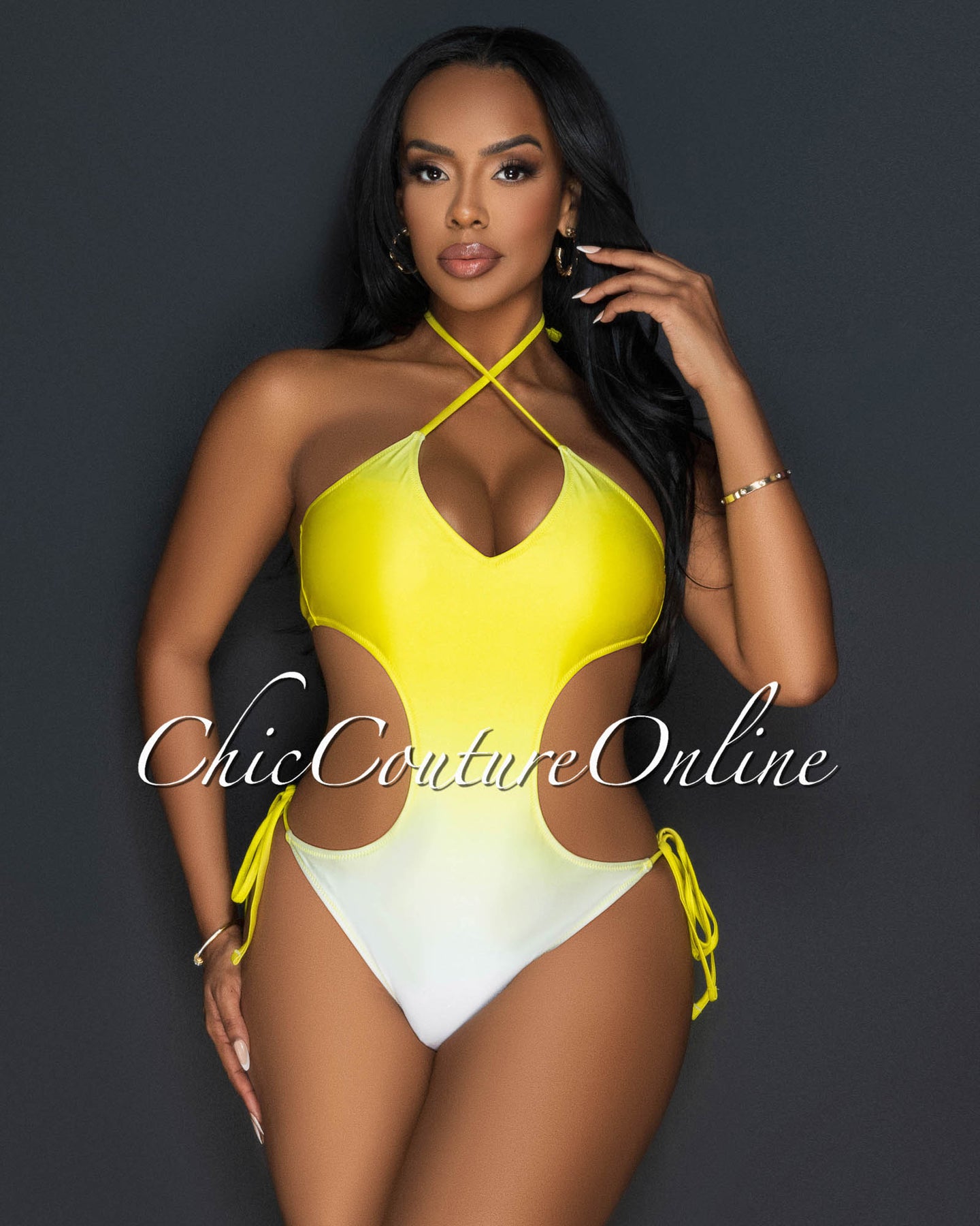 *Nona Yellow Ombre Halter Strappy One Piece Swimsuit