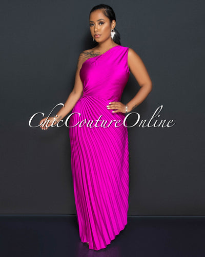 Genevieve Magenta Pleated Single Shoulder Silky Maxi Dress