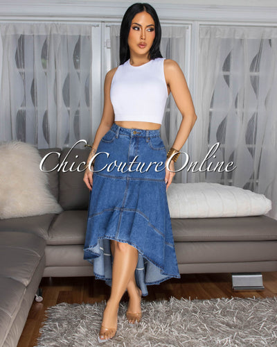 Rashida Medium Blue Denim Hi-Lo Skirt