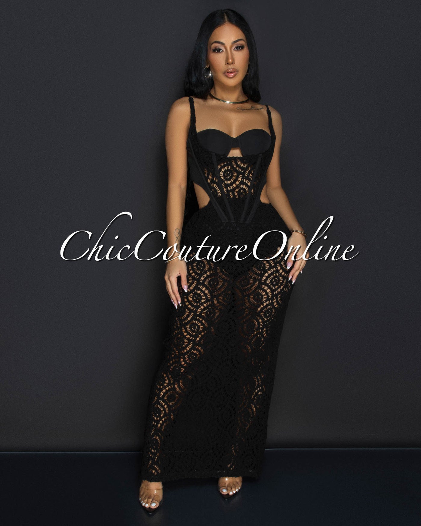 Melora Black Bustier Cut-Out Crochet Maxi Dress