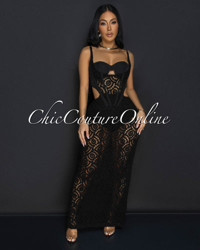 Melora Black Bustier Cut-Out Crochet Maxi Dress