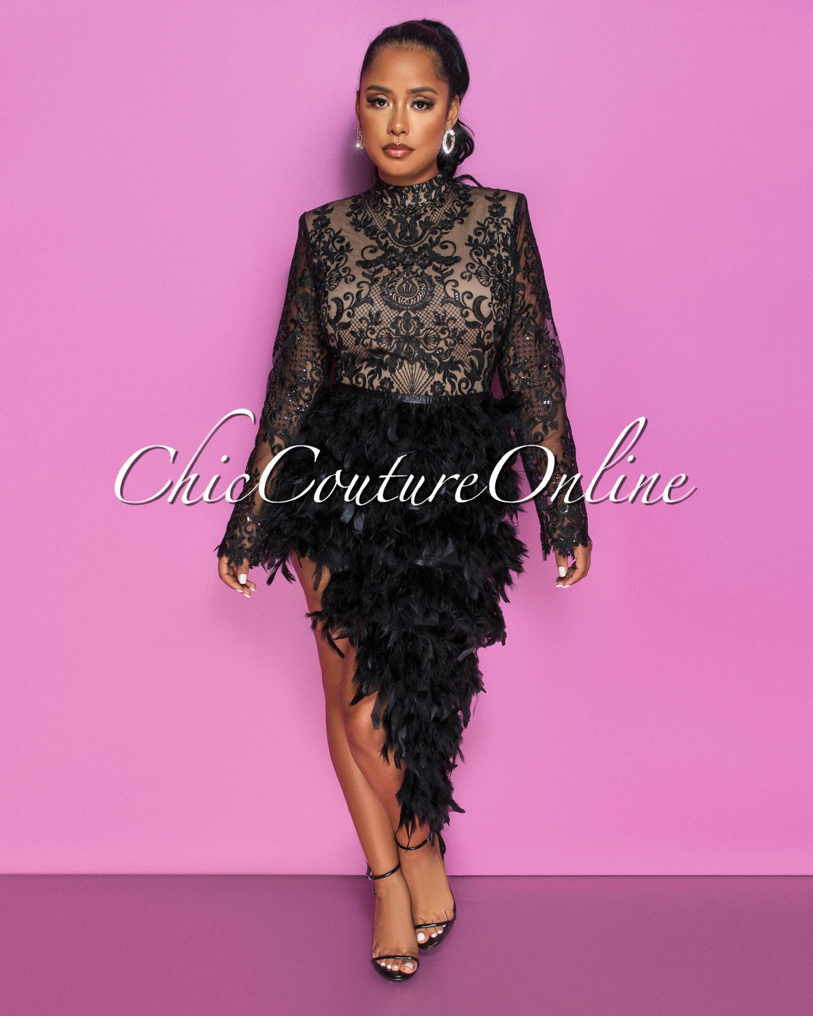 Cesar Black Nude Illusion Sequins Feathers Hem Dress Chic Couture Online