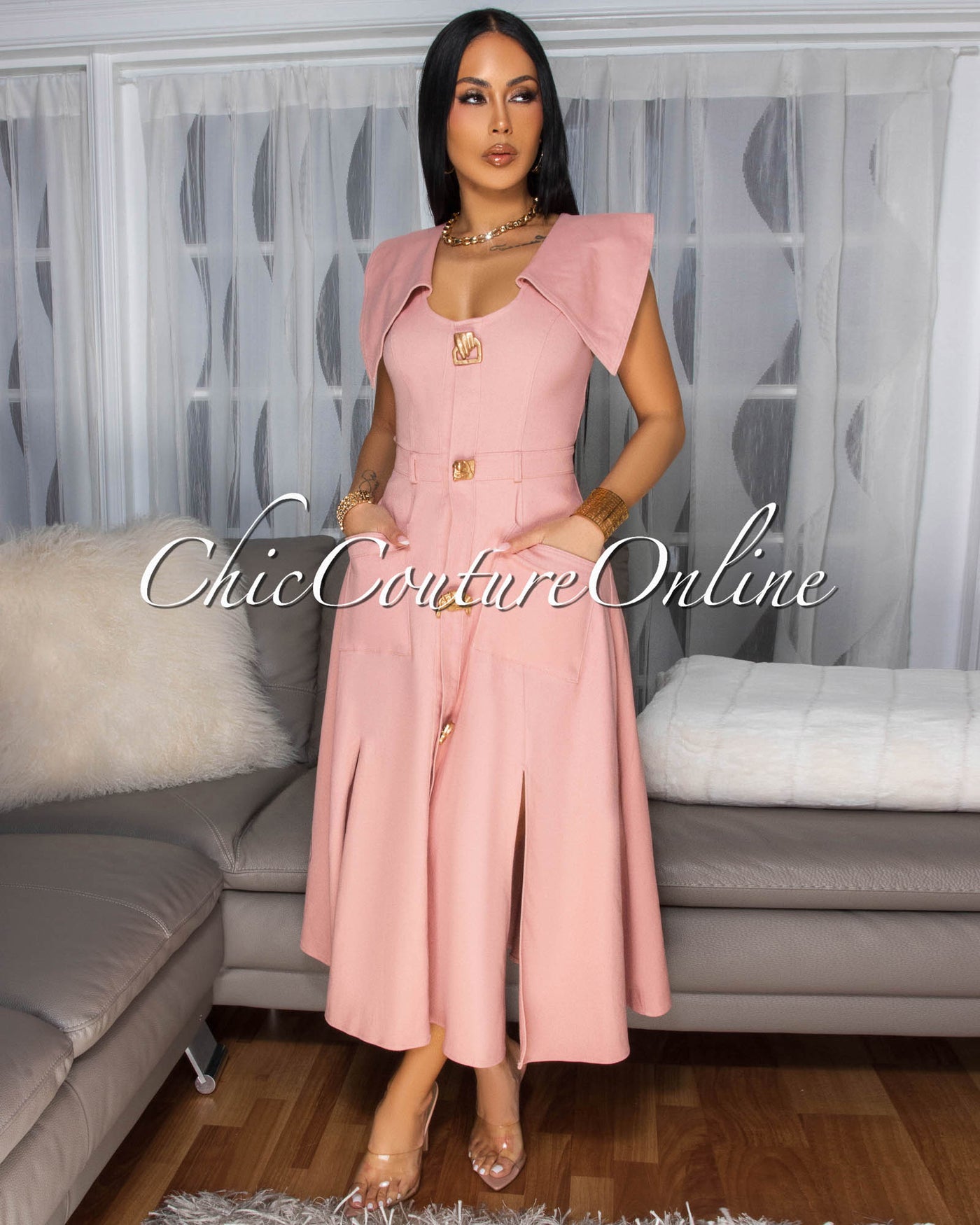 Selina Blush Gold Buttons Flare Midi Dress