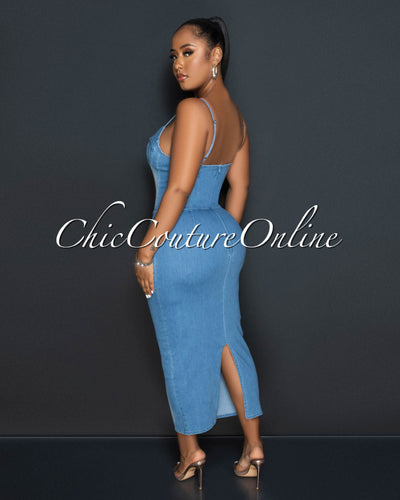 Donita Light Blue Denim Draped Fitted Midi Dress