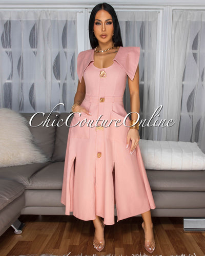 Selina Blush Gold Buttons Flare Midi Dress