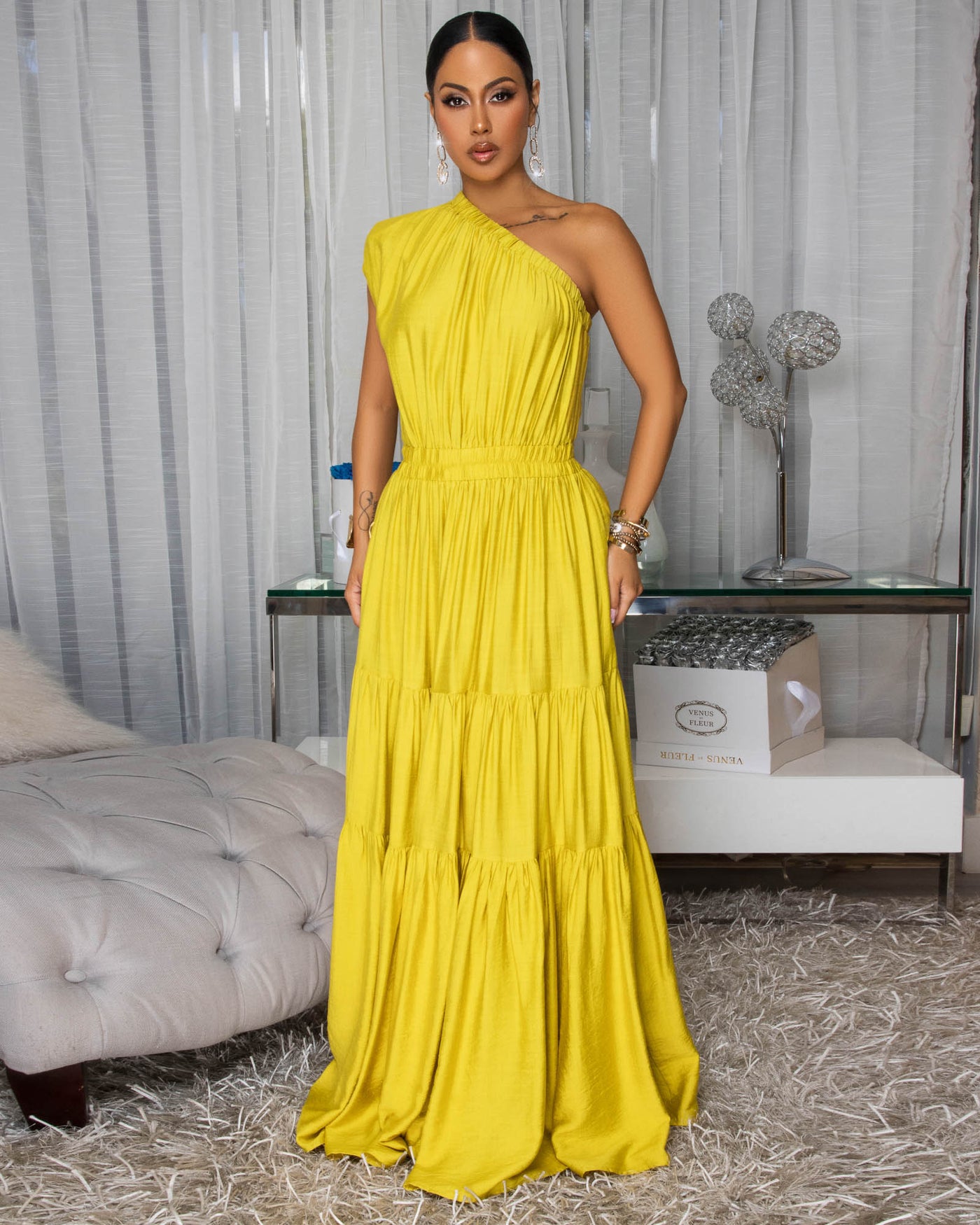 Belkys Chartreuse Single Shoulder Tiered Maxi Dress