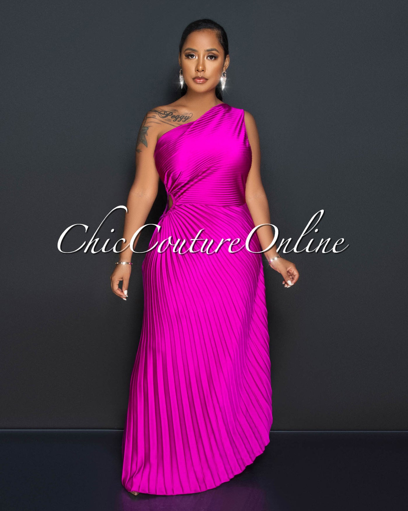 Genevieve Magenta Pleated Single Shoulder Silky Maxi Dress