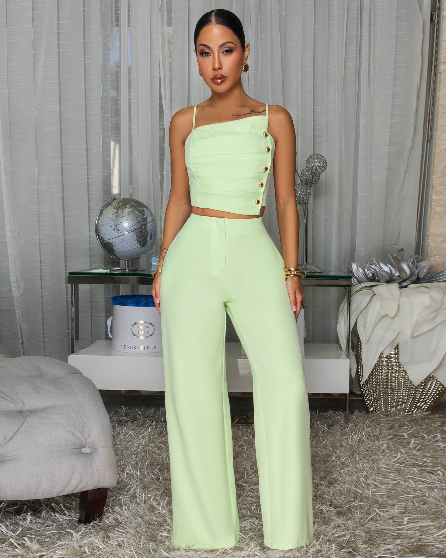 Linara Mint Gold Buttons Top & Pants Set