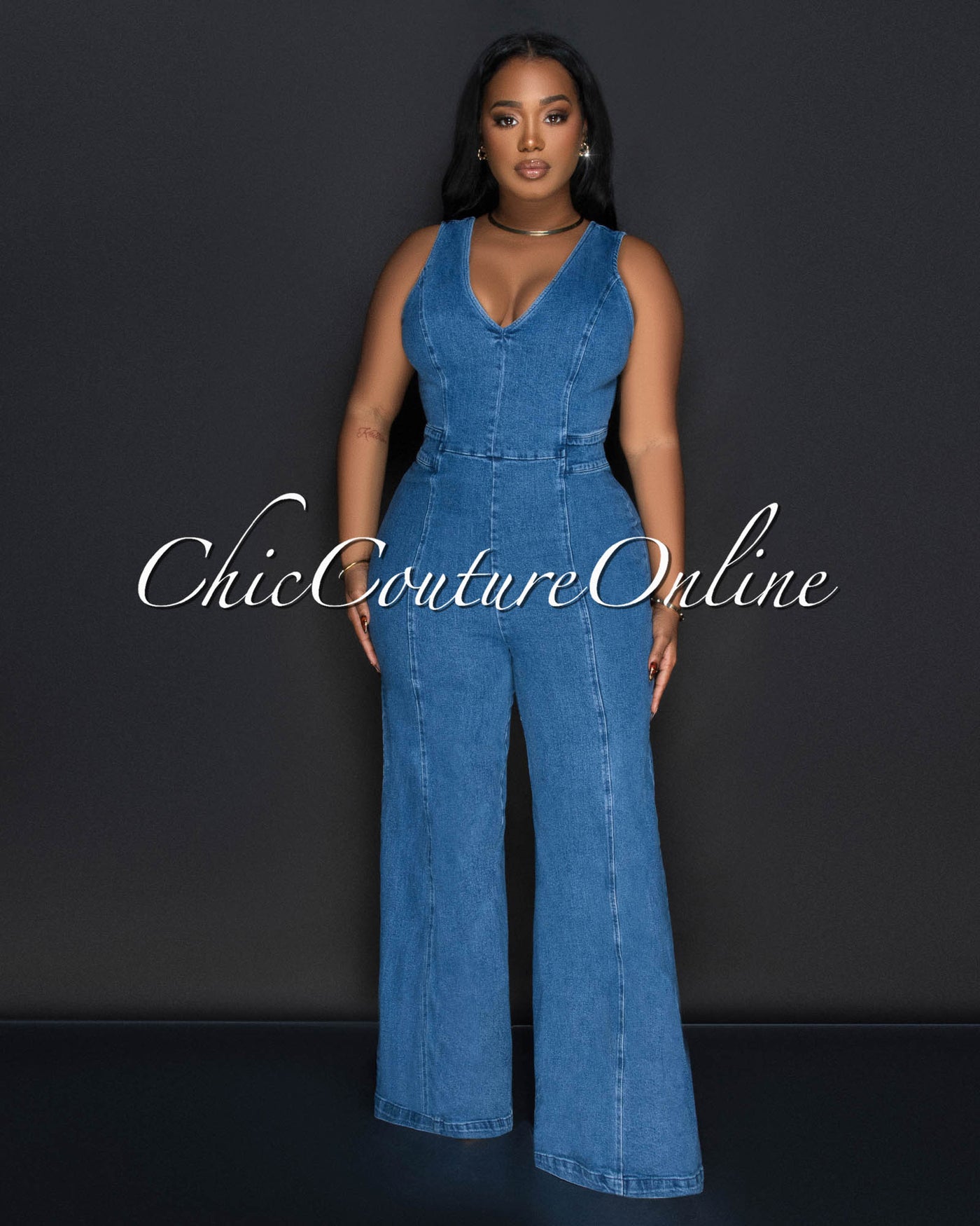 Jiera Denim Sleeveless Wide Legs Jumpsuit