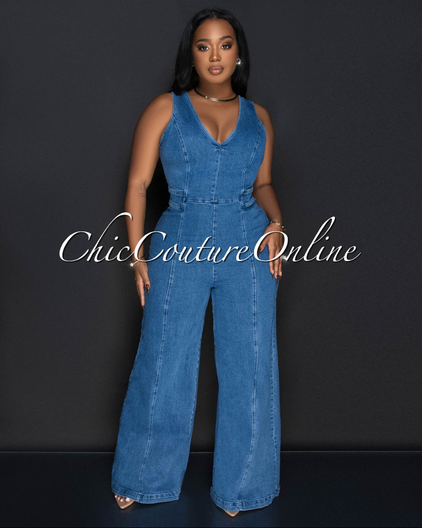 Jiera Denim Sleeveless Wide Legs Jumpsuit