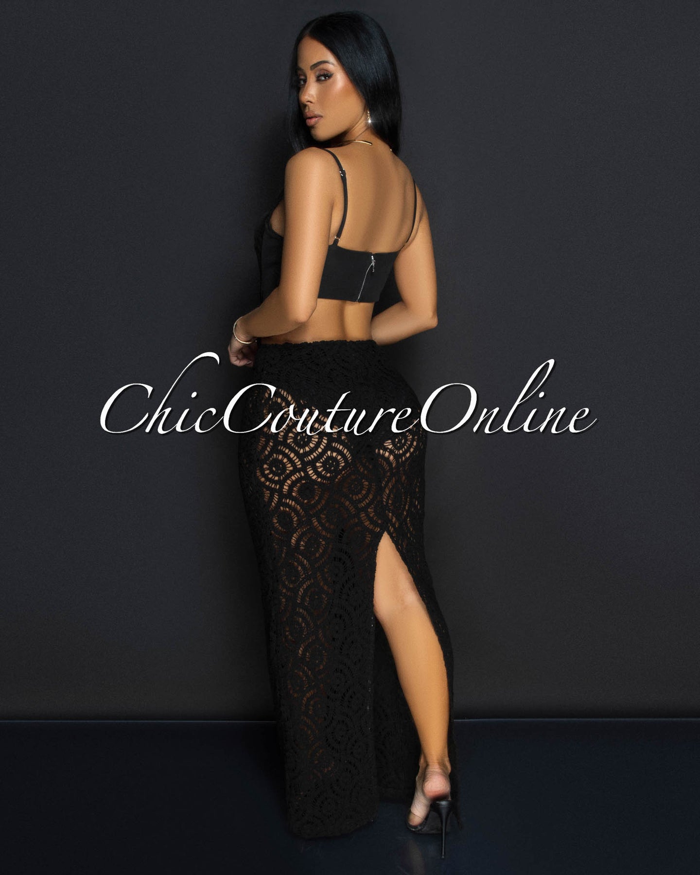 Melora Black Bustier Cut-Out Crochet Maxi Dress
