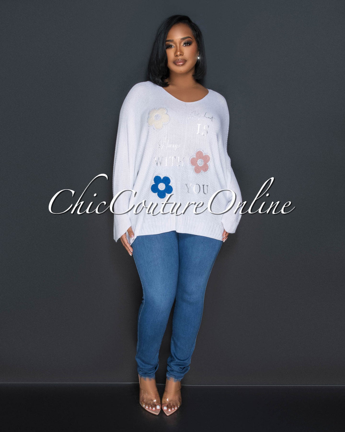 *Lucian Off-White Flowers Accent Knit Sweater