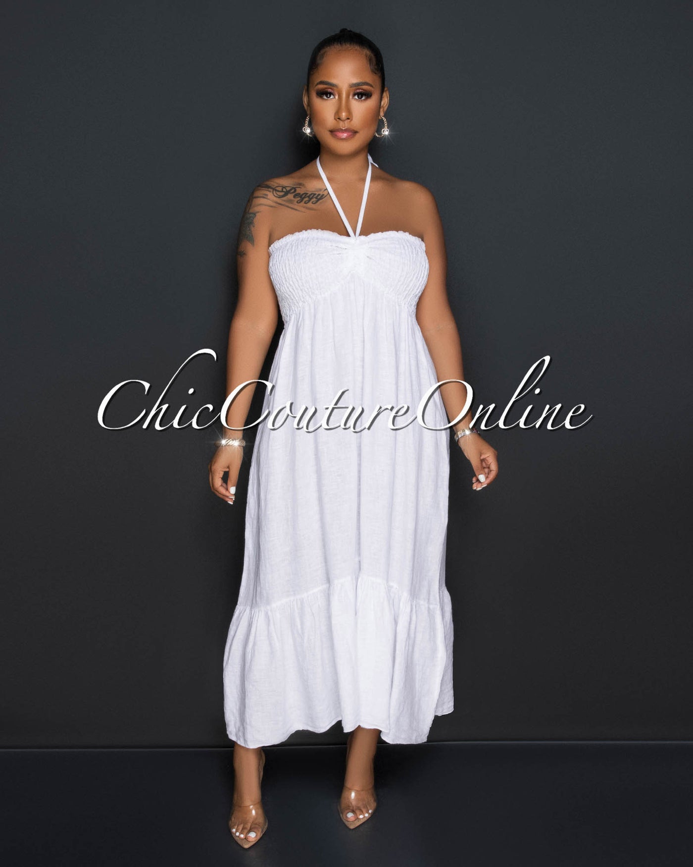 *Yabel White Strapless Ruffle Hem LINEN Midi Dress