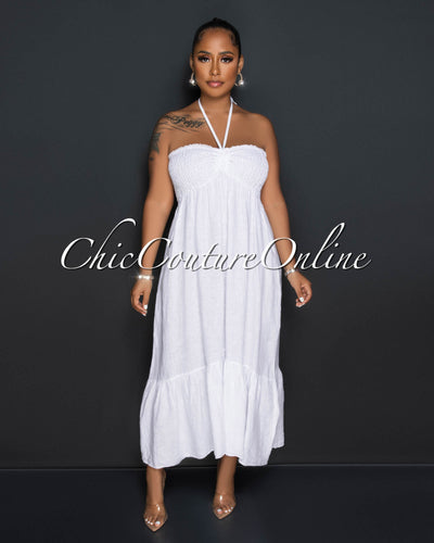 *Yabel White Strapless Ruffle Hem LINEN Midi Dress