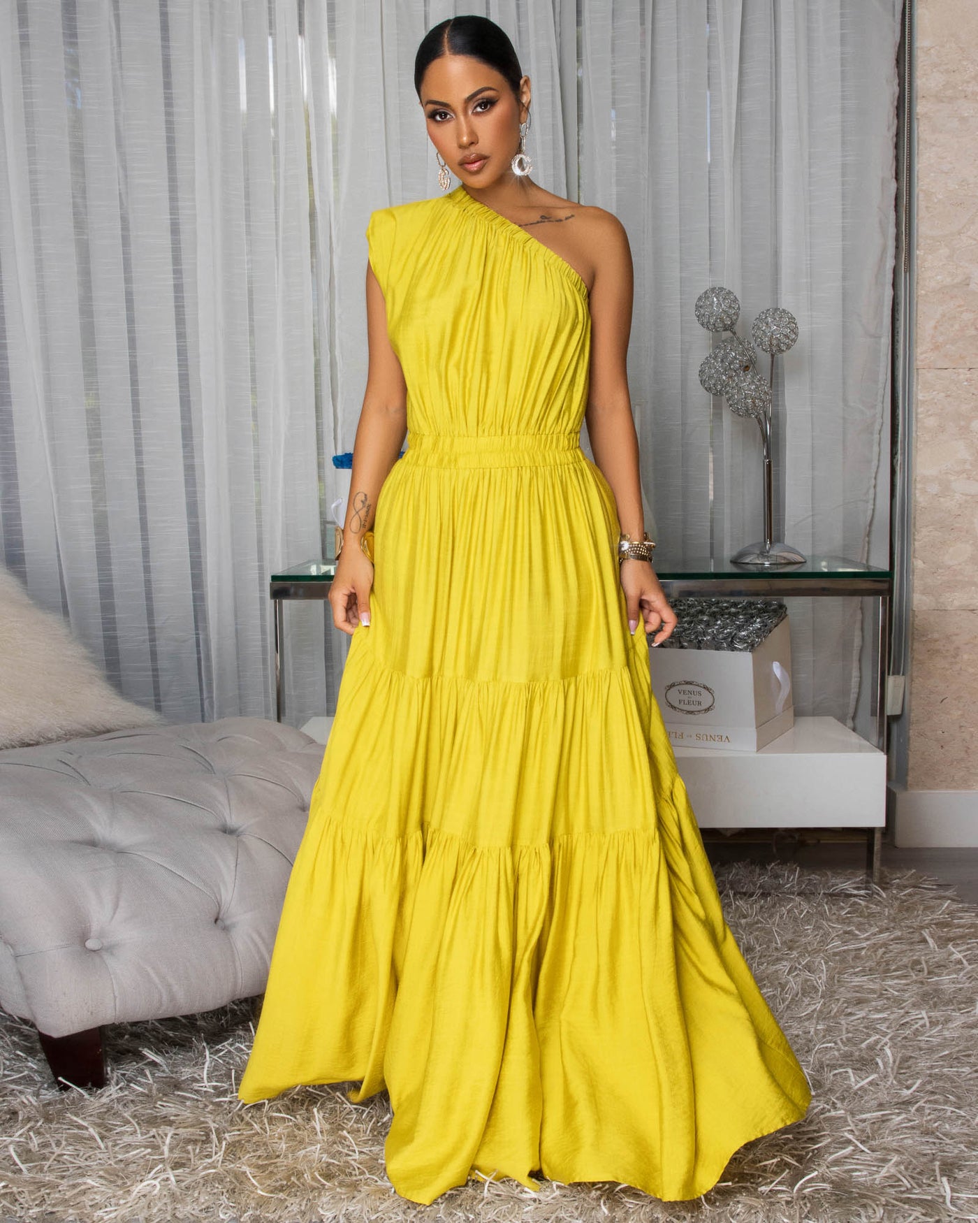 Belkys Chartreuse Single Shoulder Tiered Maxi Dress