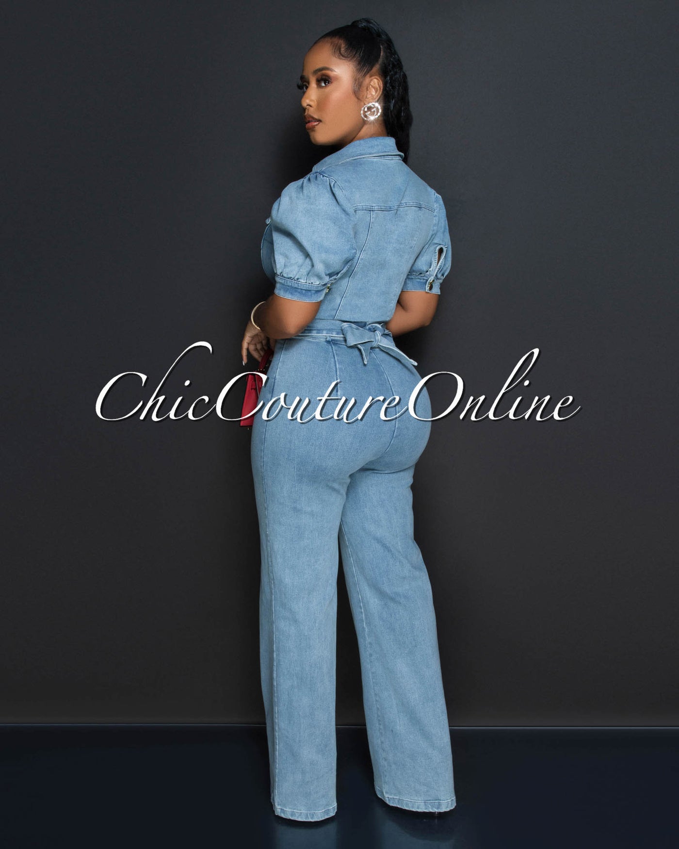 Gemini Light Washed Denim Gold Buttons Bubble Sleeves Jumpsuit