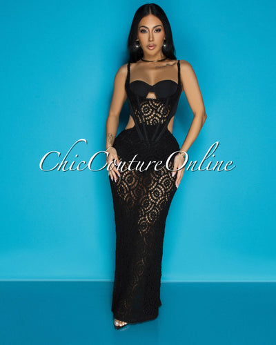 Melora Black Bustier Cut-Out Crochet Maxi Dress