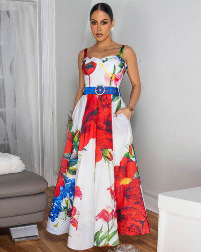 Moana Off-White Red Multi-Color Print Maxi Dress