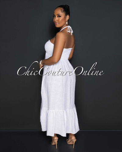 *Yabel White Strapless Ruffle Hem LINEN Midi Dress