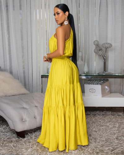 Belkys Chartreuse Single Shoulder Tiered Maxi Dress