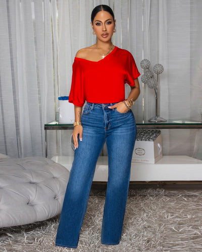 Sannela Red Silky V-Neckline Top