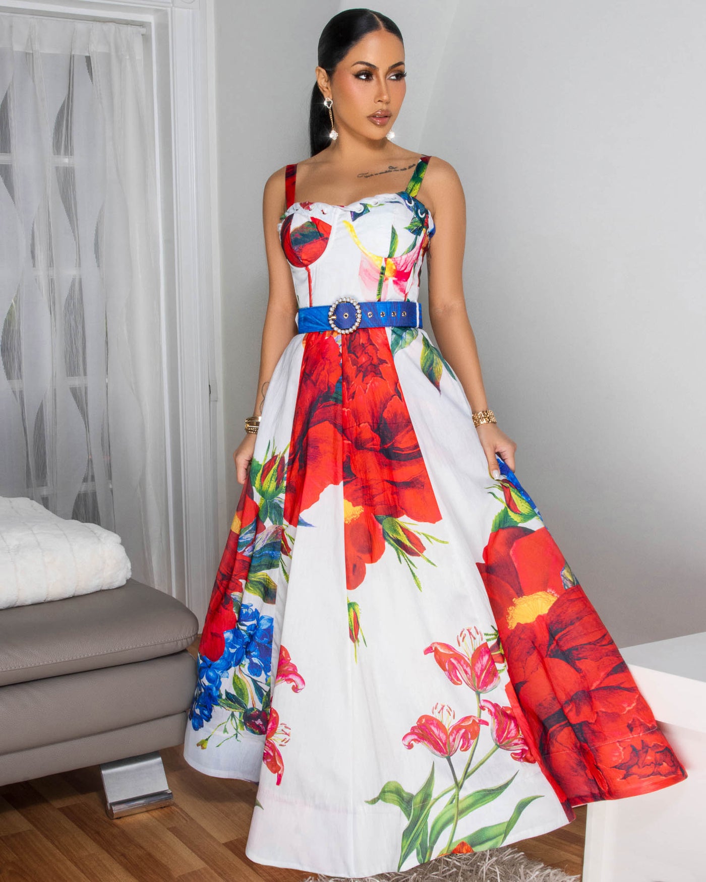 Moana Off-White Red Multi-Color Print Maxi Dress