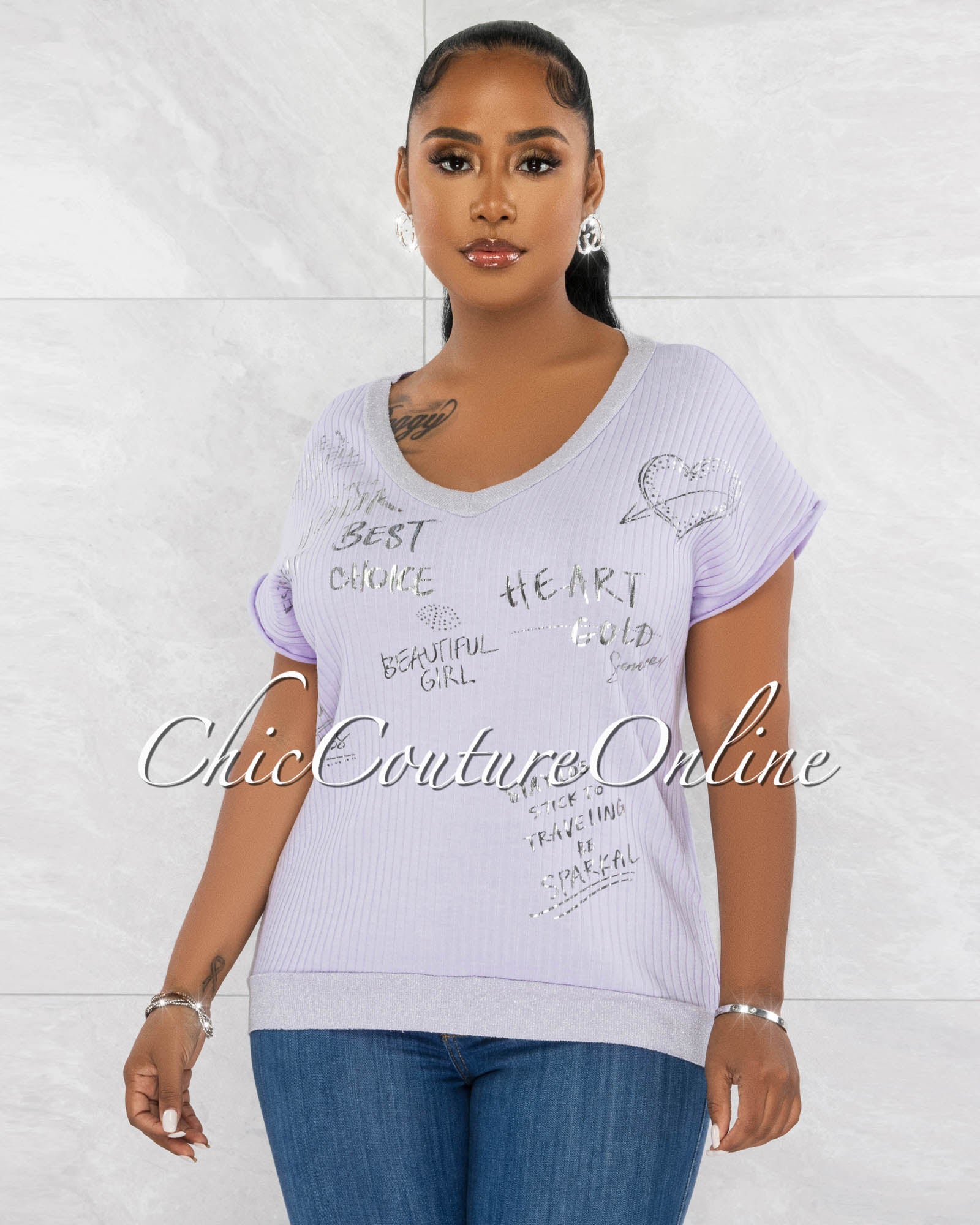 Levity Silver Graphic Ribbed Top