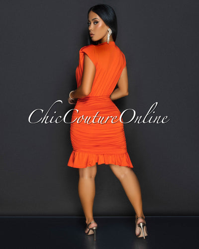 Amai Orange Deep-V Ruched Ruffle Dress