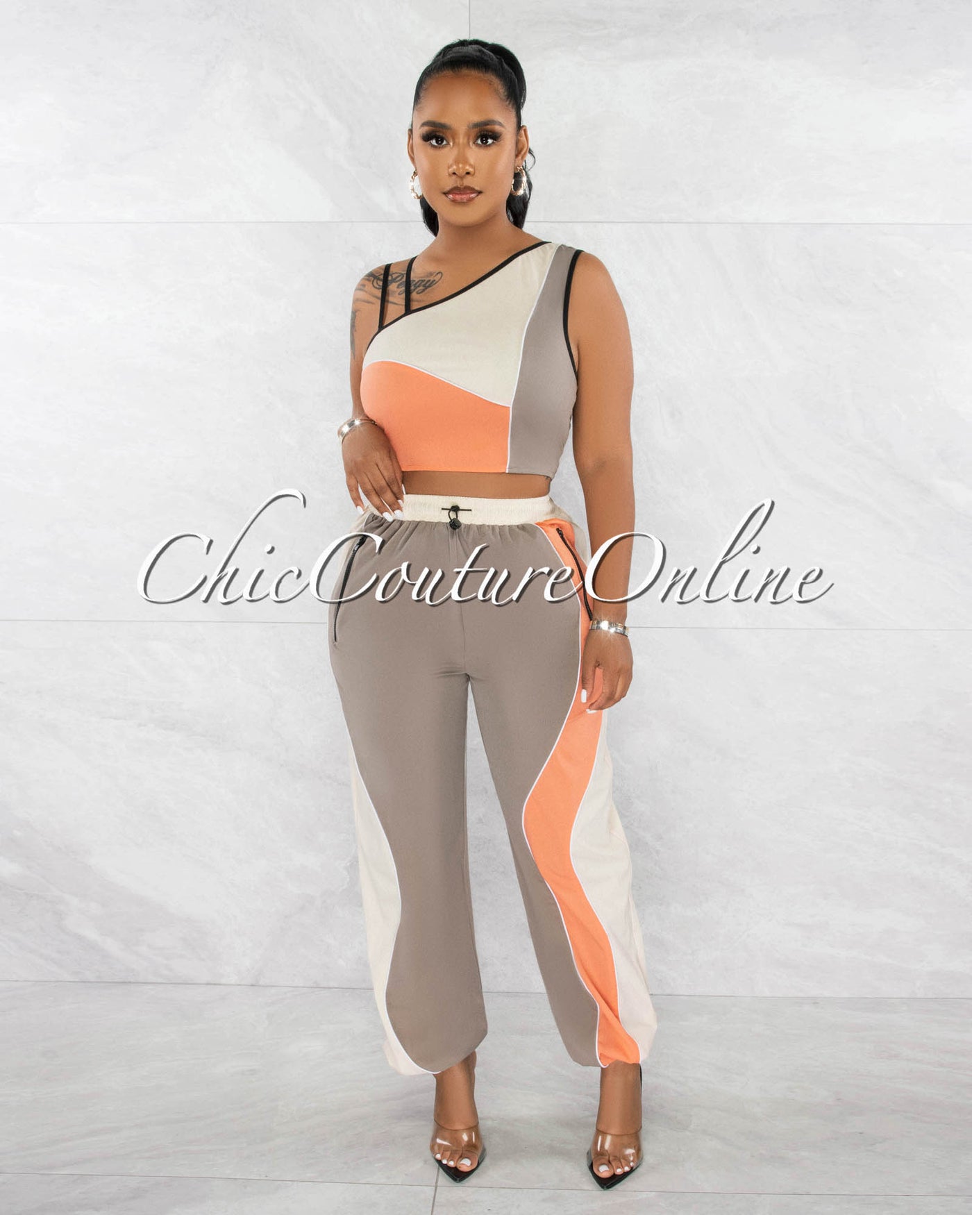 Colina Nude Coral Crop Top & Joggers Sporty Set