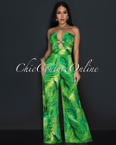 Lille Green Leaf Print Halter Cut-Out Jumpsuit