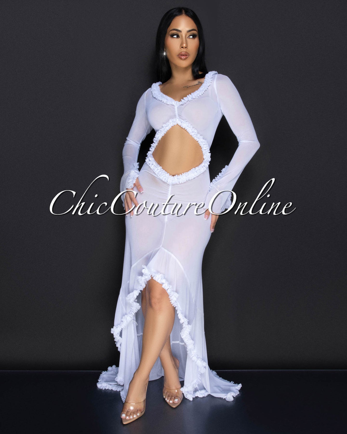 Zala White Sheer Ruffle Cover Up Maxi Dress