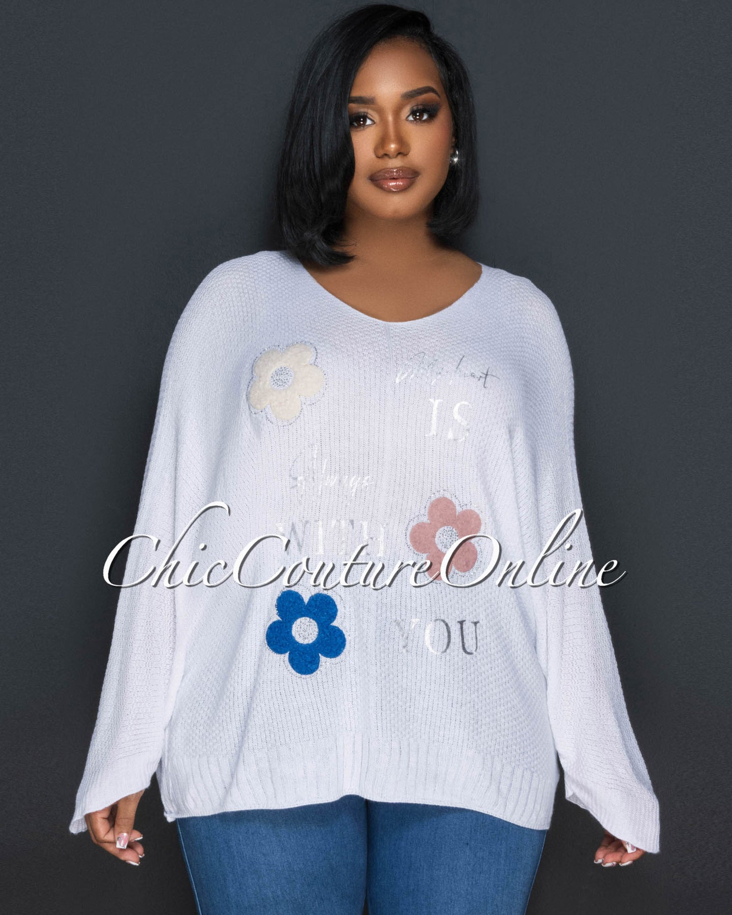 *Lucian Off-White Flowers Accent Knit Sweater