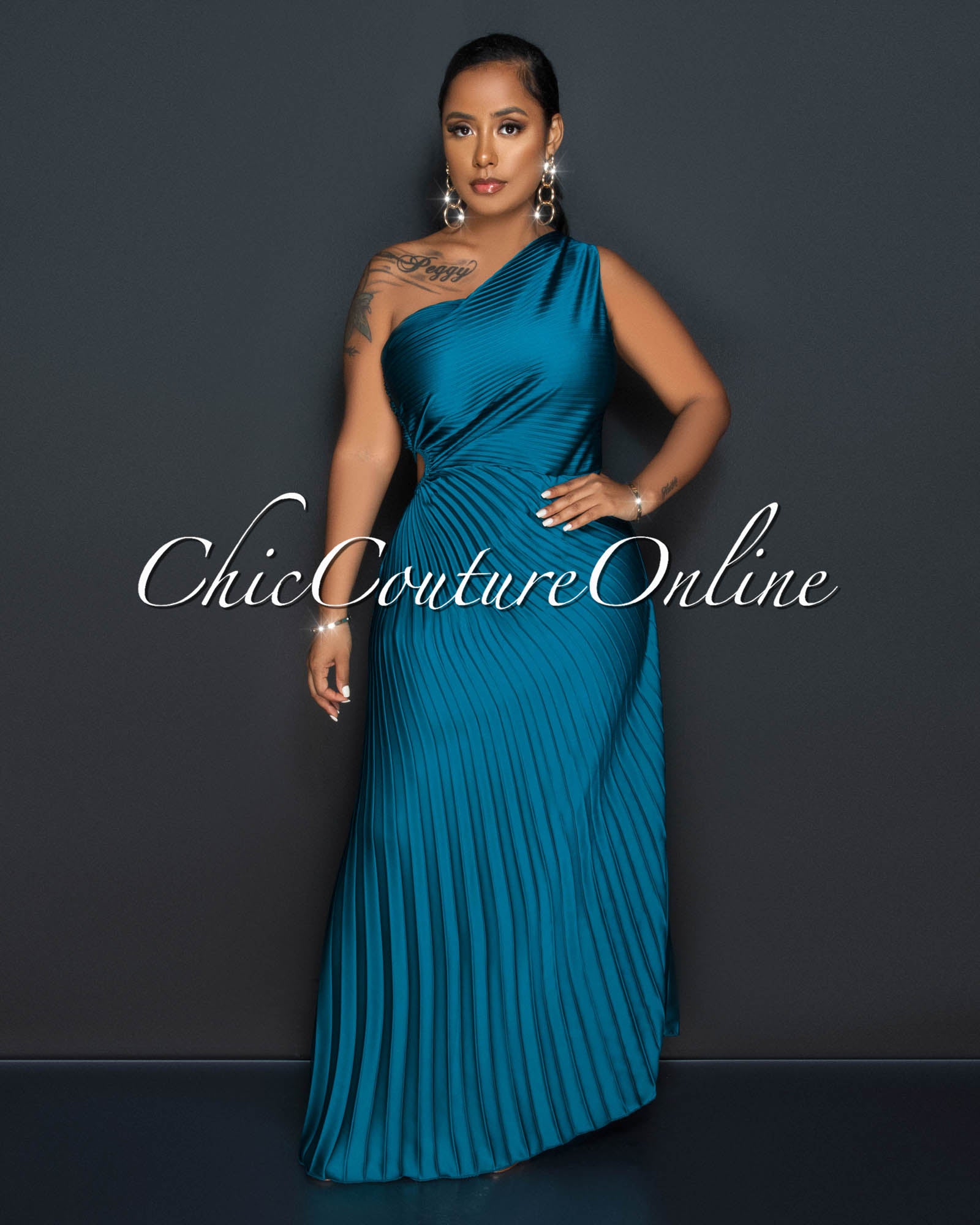 Genevieve Teal Pleated Single Shoulder Silky Maxi Dress