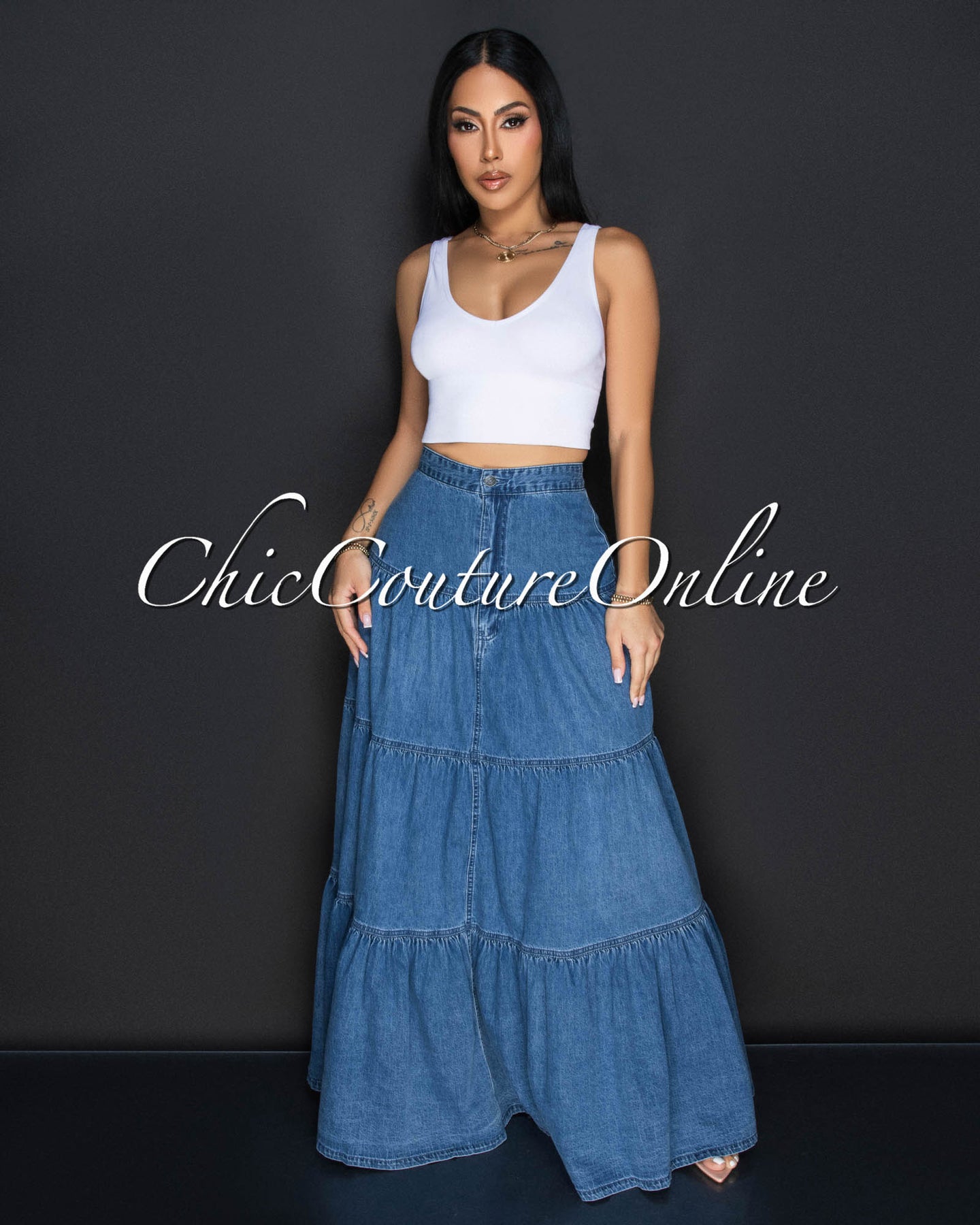 Carla Dark Blue Tier Denim Maxi Skirt