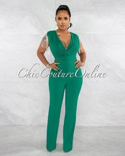 Grazia Hunter Green Rhinestones Fringe Open Back Jumpsuit