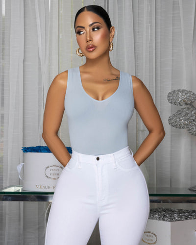 Bussie Light Blue Ribbed Body-Con Bodysuit