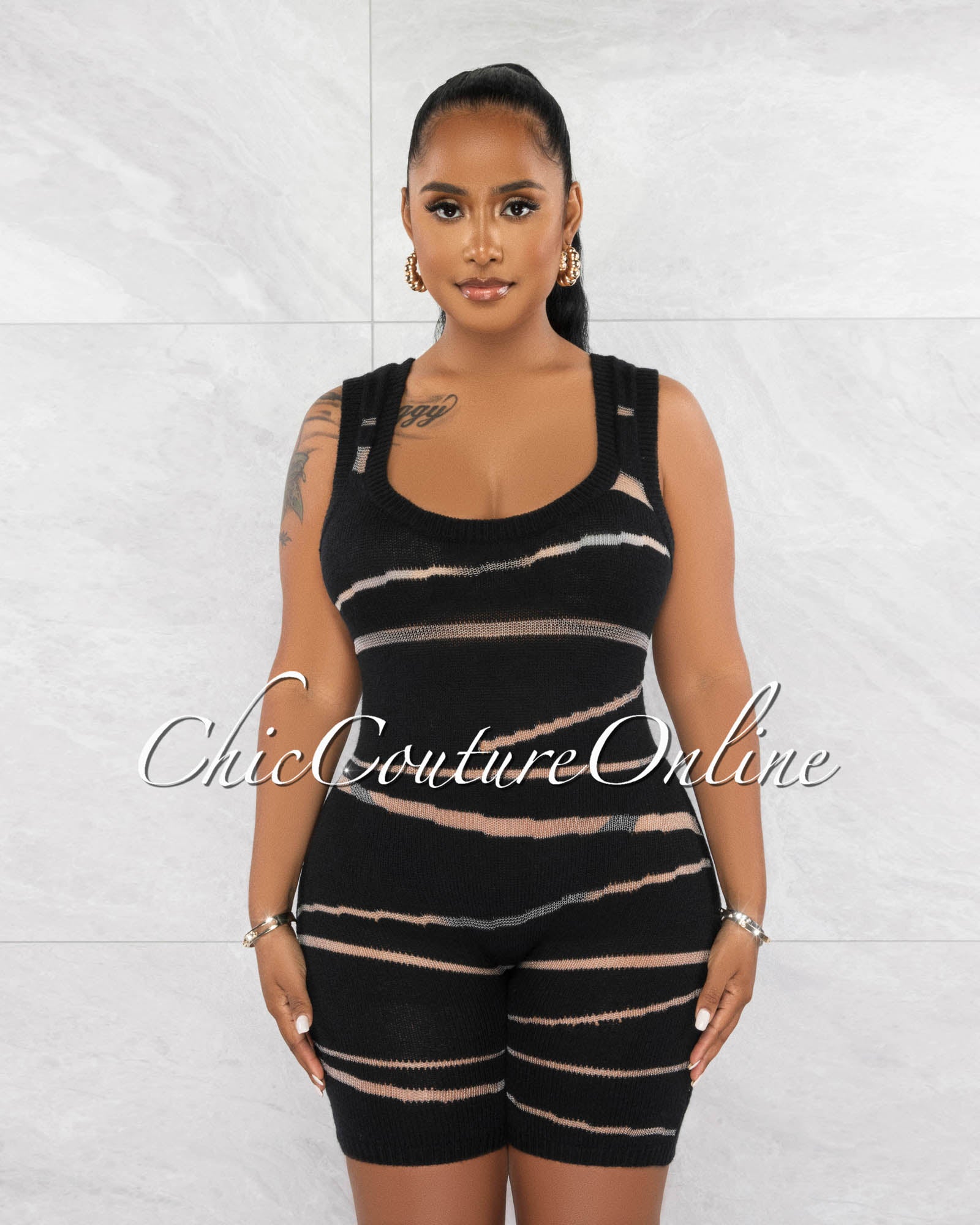 *Berenice Black White Mesh Sheer Details Knit Romper