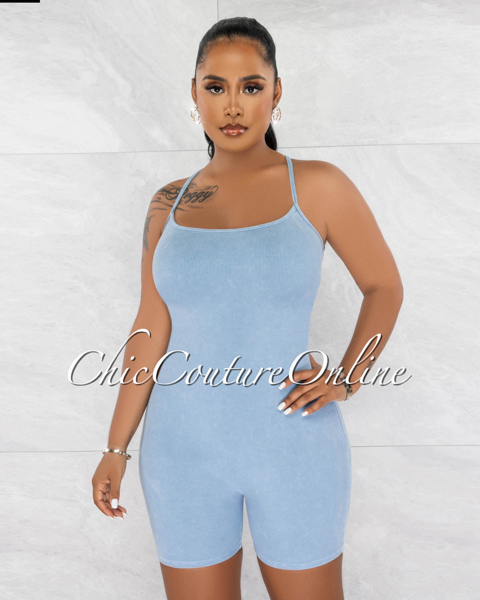 *Serina Baby Blue Ribbed Low Back Body-Con Romper