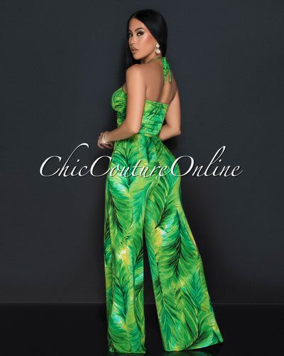 Lille Green Leaf Print Halter Cut-Out Jumpsuit