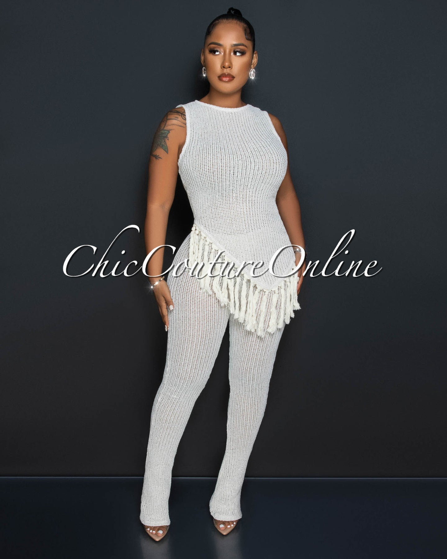 Fantina Cream Crochet Fringe Top & Bell Legs Pants Set