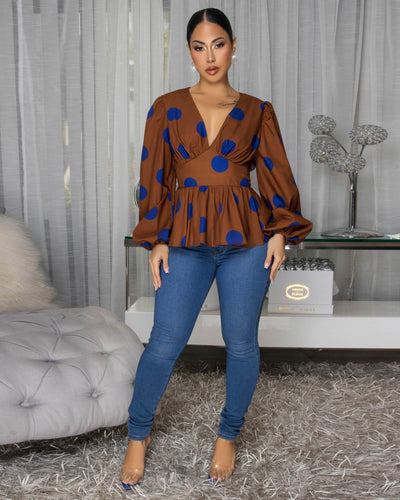 Abbie Brown Blue Polka Dots Top