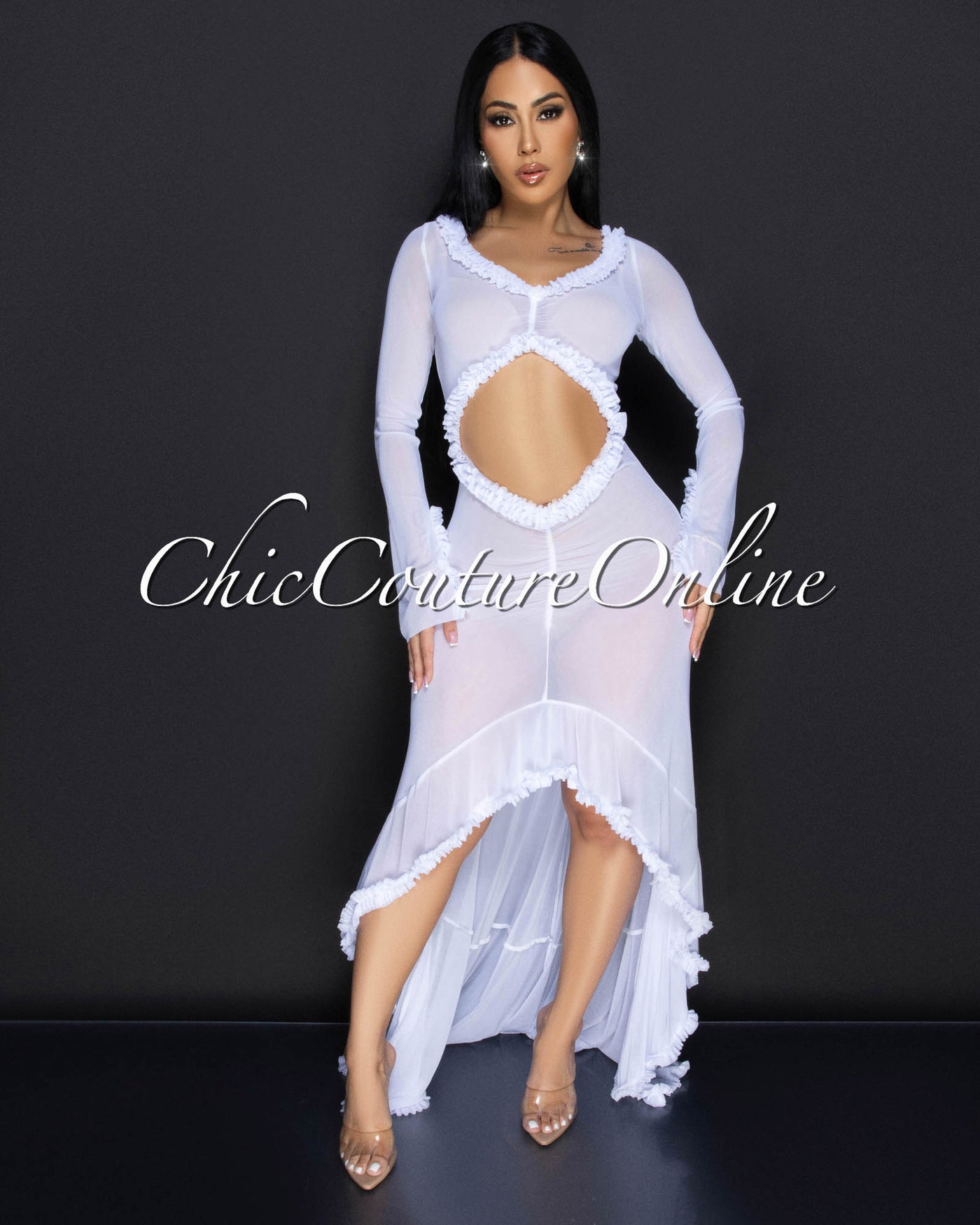 Zala White Sheer Ruffle Cover Up Maxi Dress