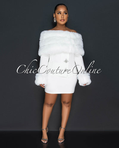 Gussy Off-White Faux Fur & Rhinestones Jacket & Skirt Set