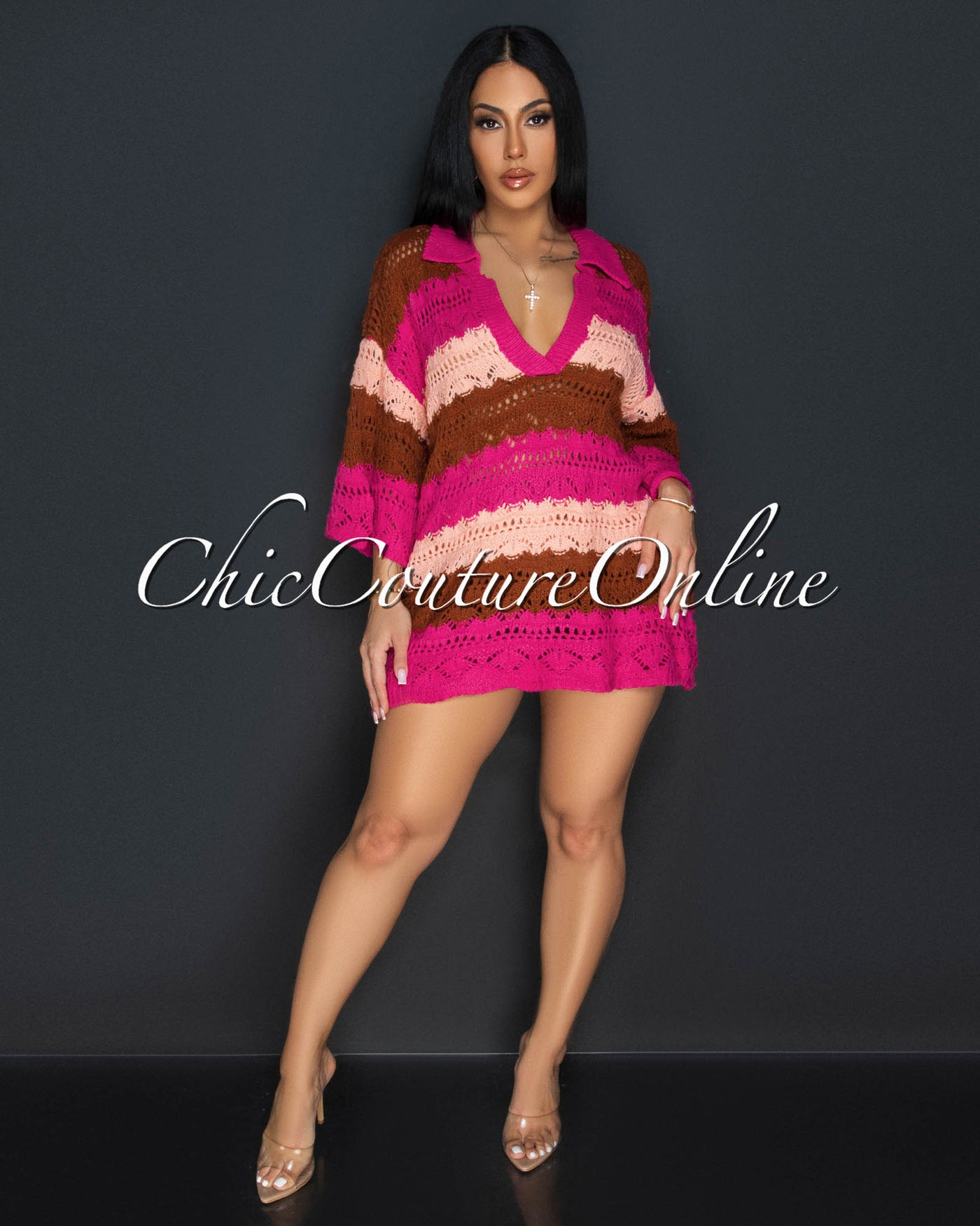 Sidra Fuchsia Brown Stripes Oversized Top & Shorts Crochet Set