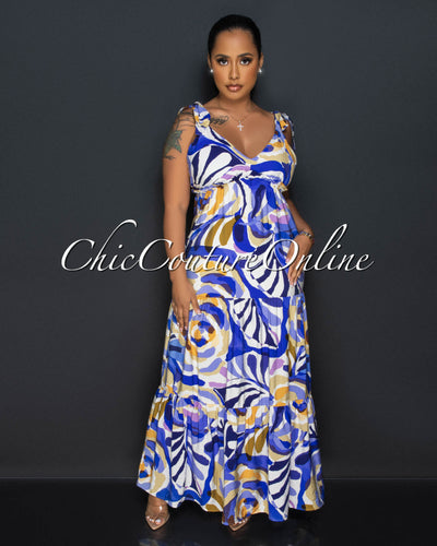 Finda Blue Cream Print Ruffle Maxi Dress