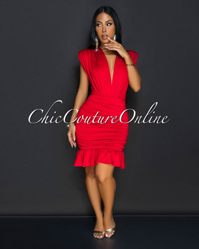 Amai Red Deep-V Ruched Ruffle Dress