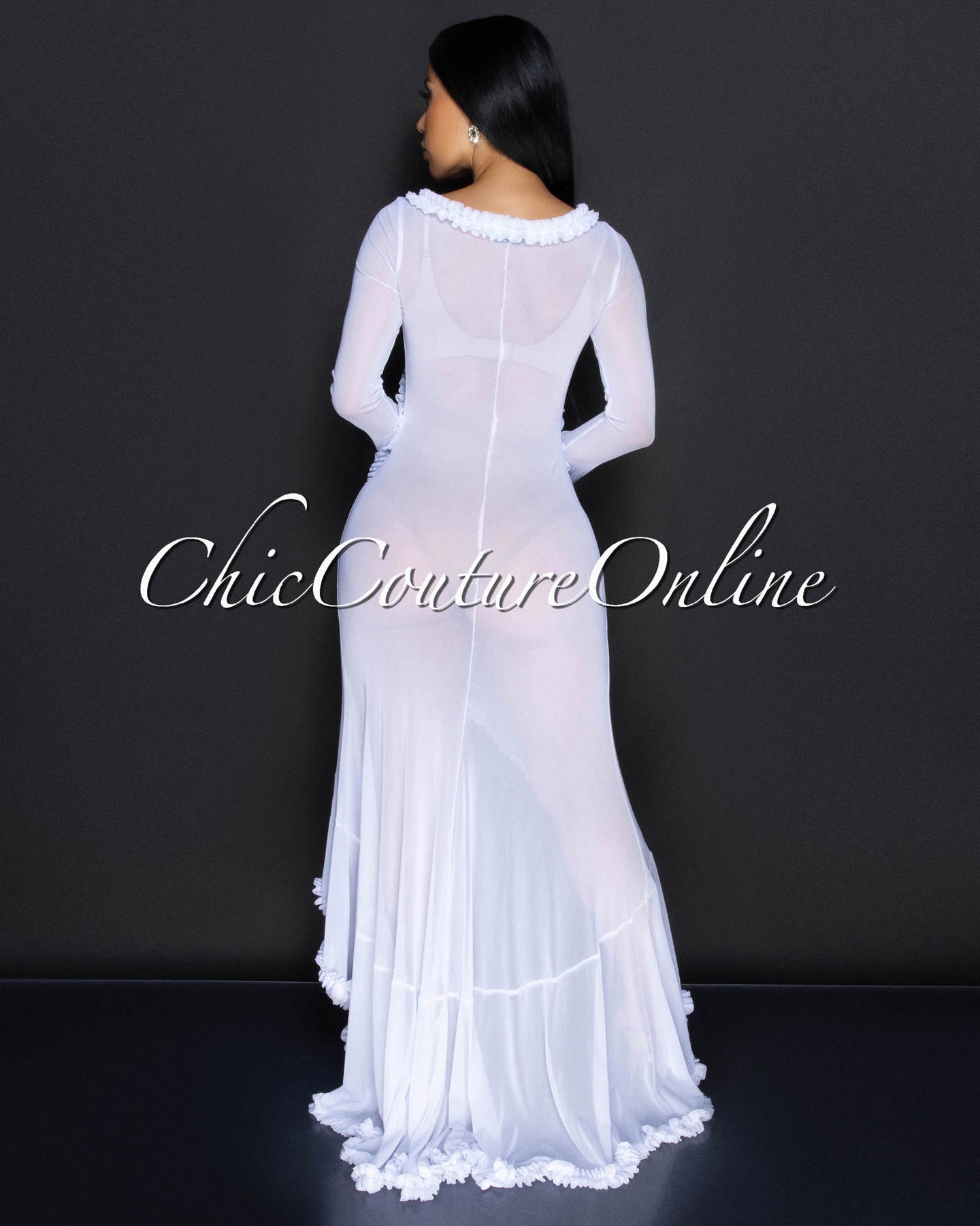 *Zala White Sheer Ruffle Cover Up Maxi Dress