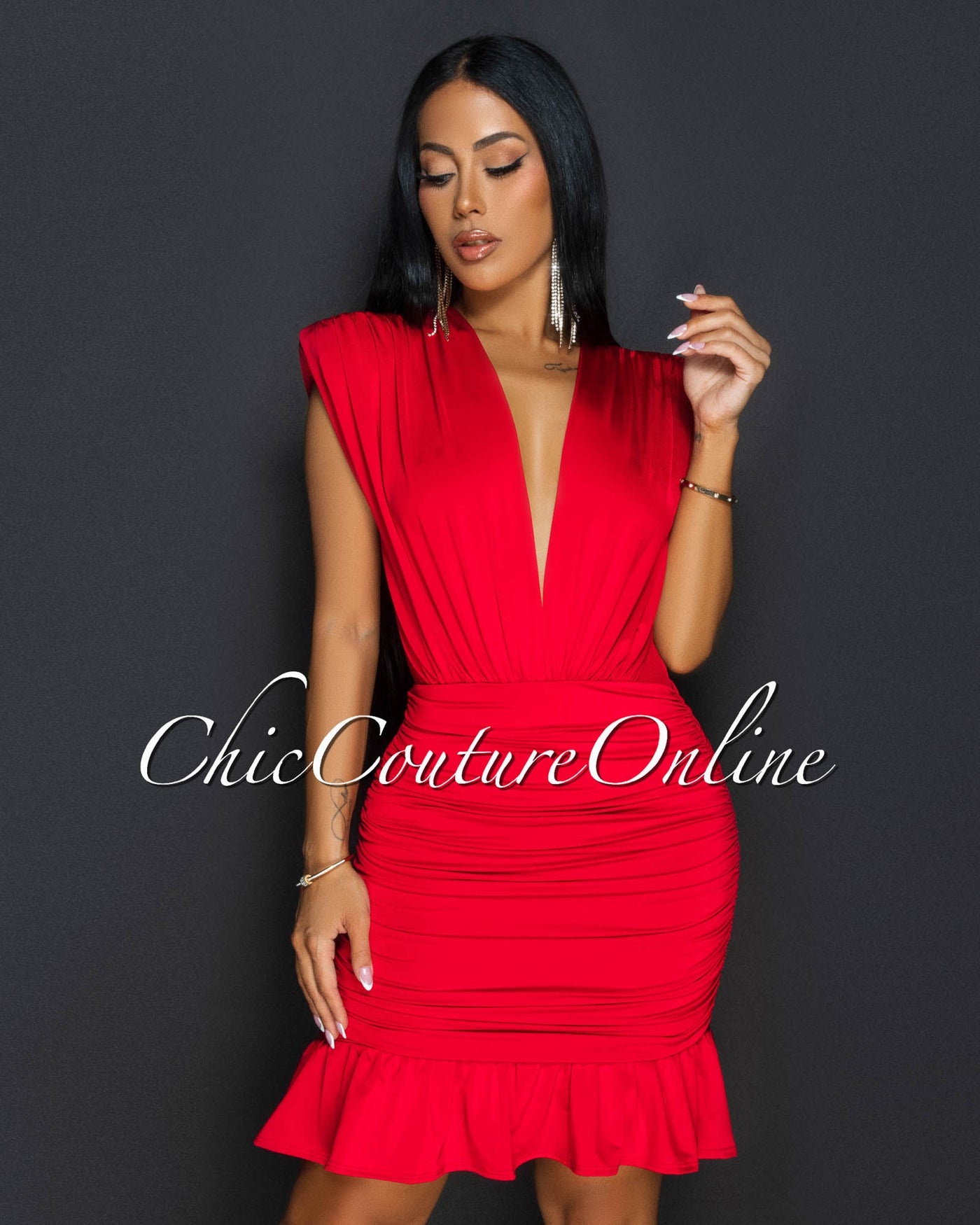 Amai Red Deep-V Ruched Ruffle Dress